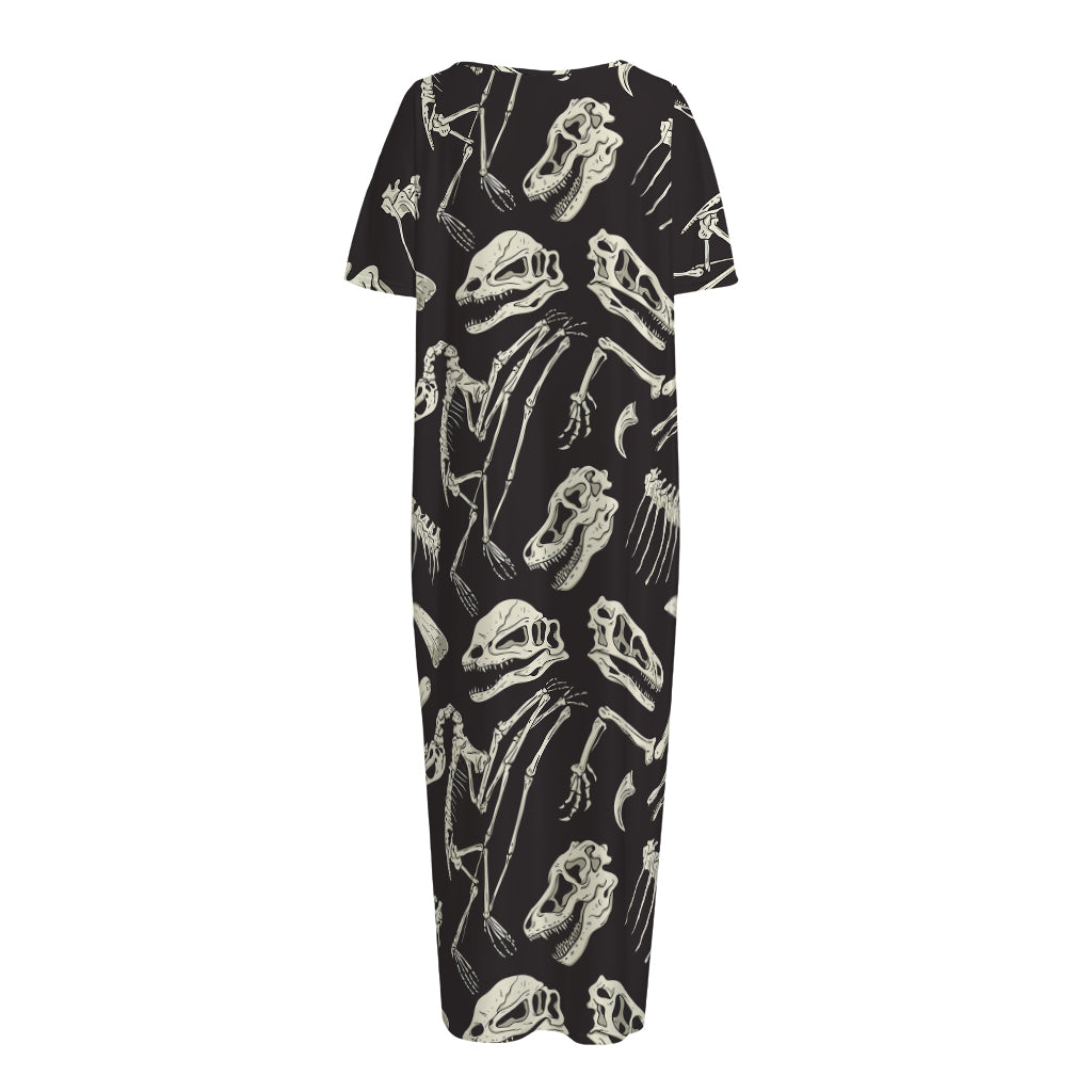 Monochrome Dinosaur Fossil Pattern Print Short Sleeve Long Nightdress