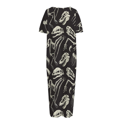 Monochrome Dinosaur Fossil Pattern Print Short Sleeve Long Nightdress