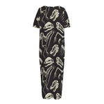 Monochrome Dinosaur Fossil Pattern Print Short Sleeve Long Nightdress