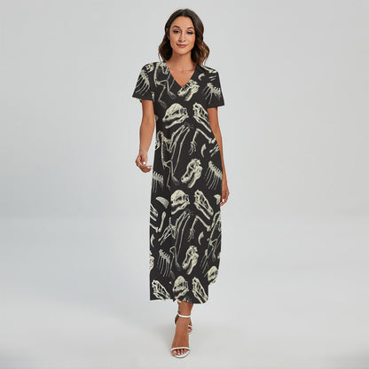Monochrome Dinosaur Fossil Pattern Print Short Sleeve Maxi Dress
