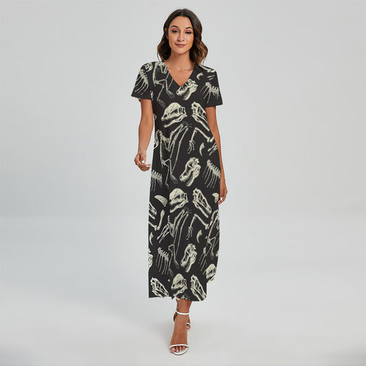 Monochrome Dinosaur Fossil Pattern Print Short Sleeve Maxi Dress