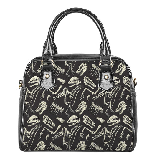 Monochrome Dinosaur Fossil Pattern Print Shoulder Handbag