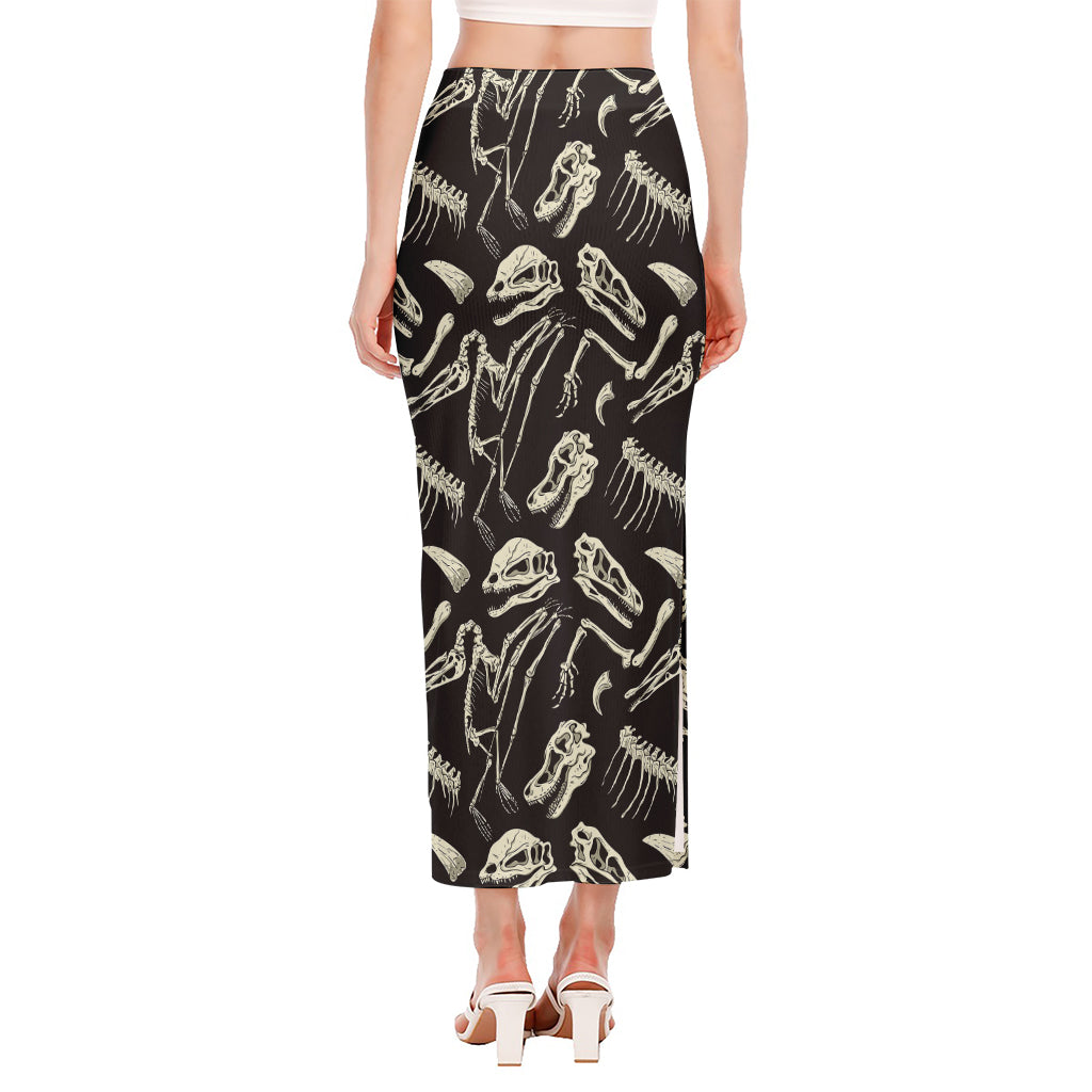 Monochrome Dinosaur Fossil Pattern Print Side Slit Maxi Skirt