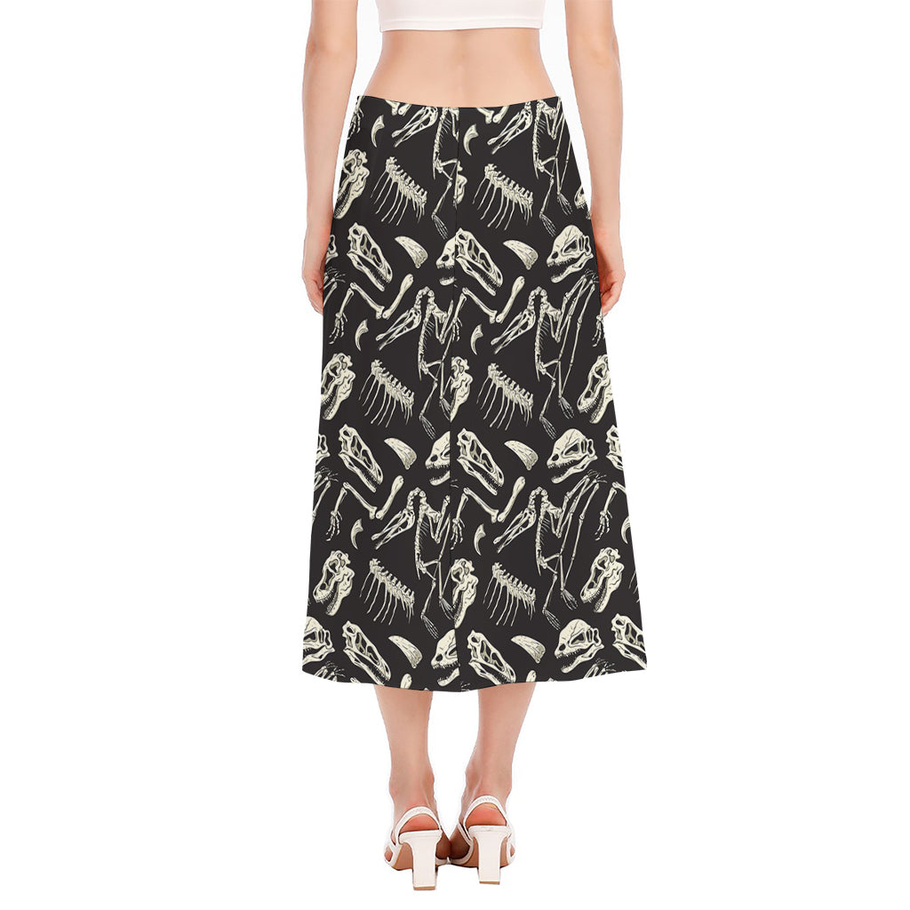 Monochrome Dinosaur Fossil Pattern Print Side Slit Midi Skirt