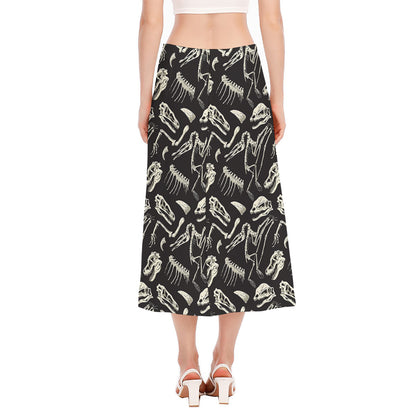 Monochrome Dinosaur Fossil Pattern Print Side Slit Midi Skirt