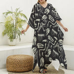 Monochrome Dinosaur Fossil Pattern Print Silk V-Neck Kaftan Dress
