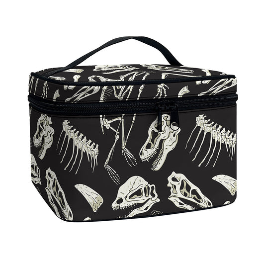 Monochrome Dinosaur Fossil Pattern Print Travel Makeup Bag