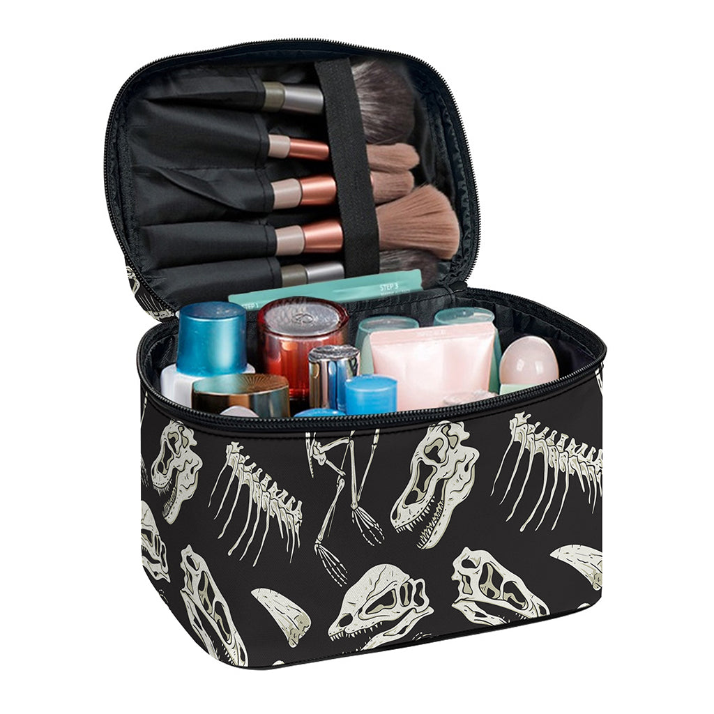 Monochrome Dinosaur Fossil Pattern Print Travel Makeup Bag