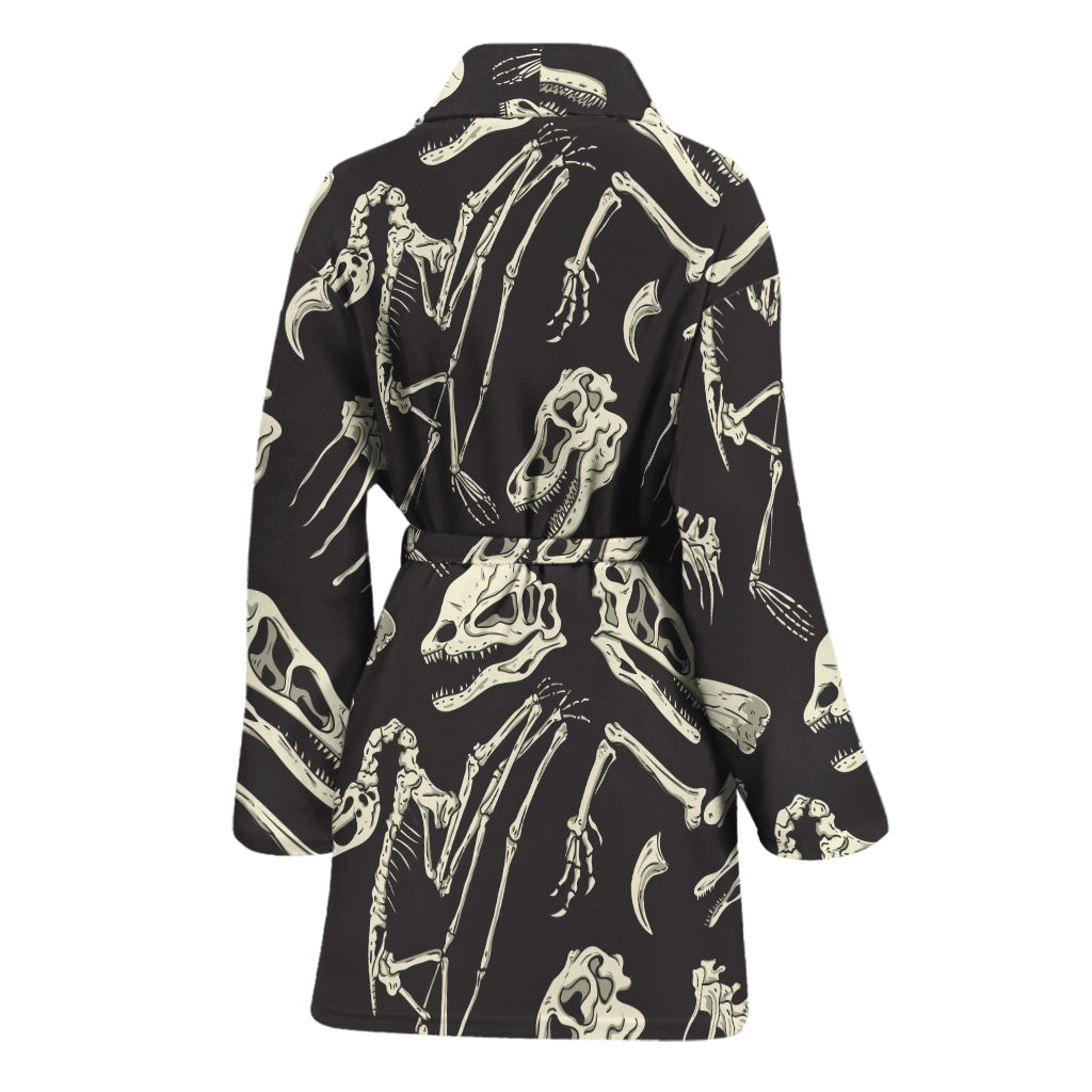 Monochrome Dinosaur Fossil Pattern Print Women's Bathrobe