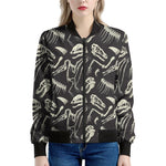 Monochrome Dinosaur Fossil Pattern Print Women's Bomber Jacket