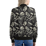Monochrome Dinosaur Fossil Pattern Print Women's Bomber Jacket