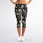 Monochrome Dinosaur Fossil Pattern Print Women's Capri Leggings
