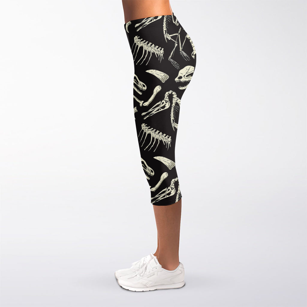 Monochrome Dinosaur Fossil Pattern Print Women's Capri Leggings