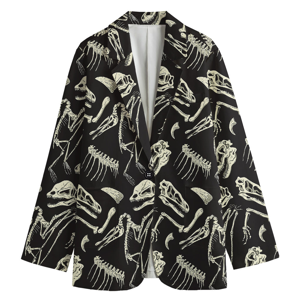 Monochrome Dinosaur Fossil Pattern Print Women's Cotton Blazer