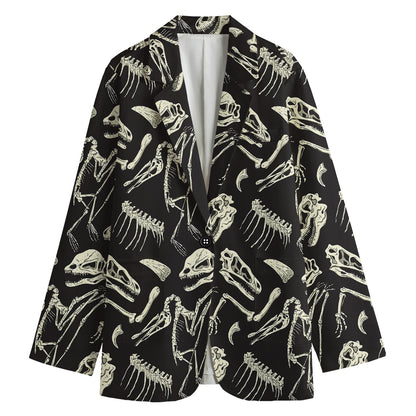 Monochrome Dinosaur Fossil Pattern Print Women's Cotton Blazer