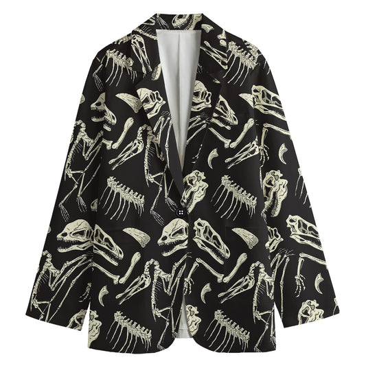 Monochrome Dinosaur Fossil Pattern Print Women's Cotton Blazer