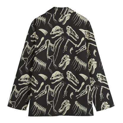 Monochrome Dinosaur Fossil Pattern Print Women's Cotton Blazer