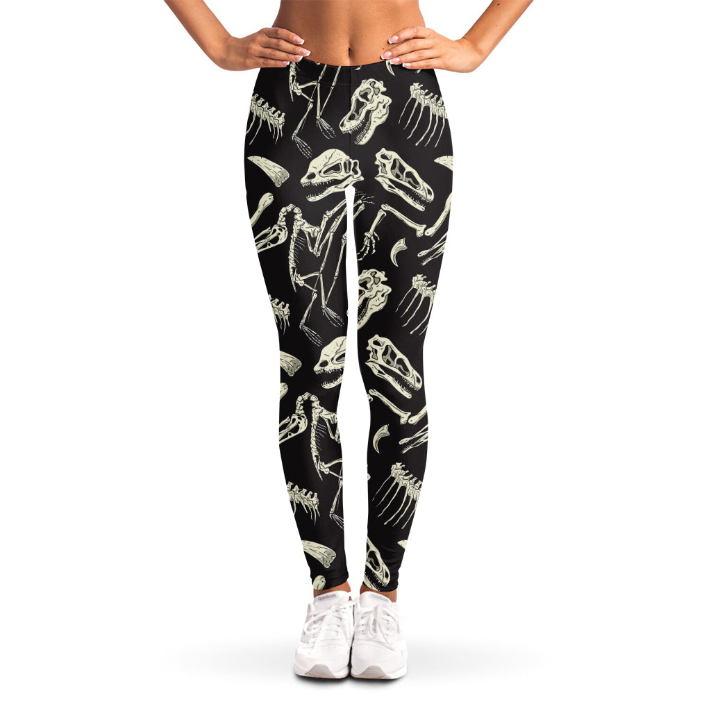 Monochrome Dinosaur Fossil Pattern Print Women's Leggings