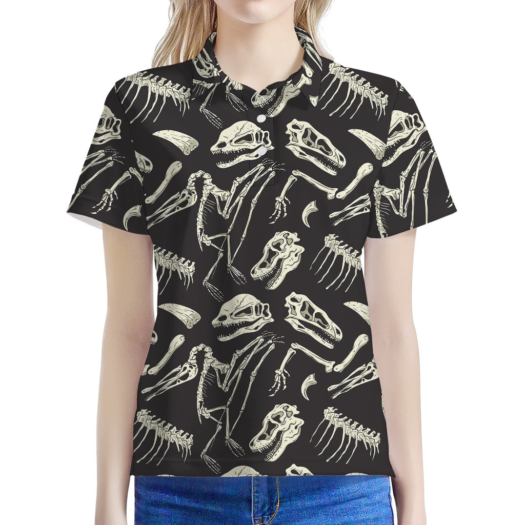 Monochrome Dinosaur Fossil Pattern Print Women's Polo Shirt