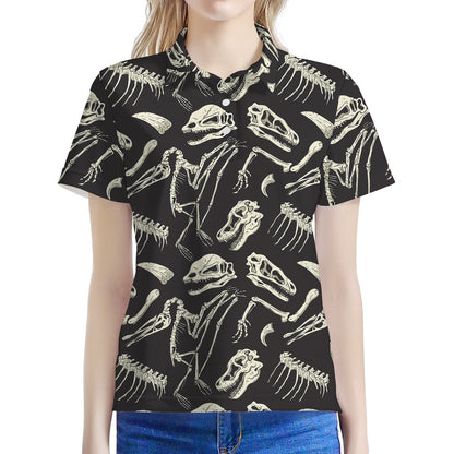 Monochrome Dinosaur Fossil Pattern Print Women's Polo Shirt