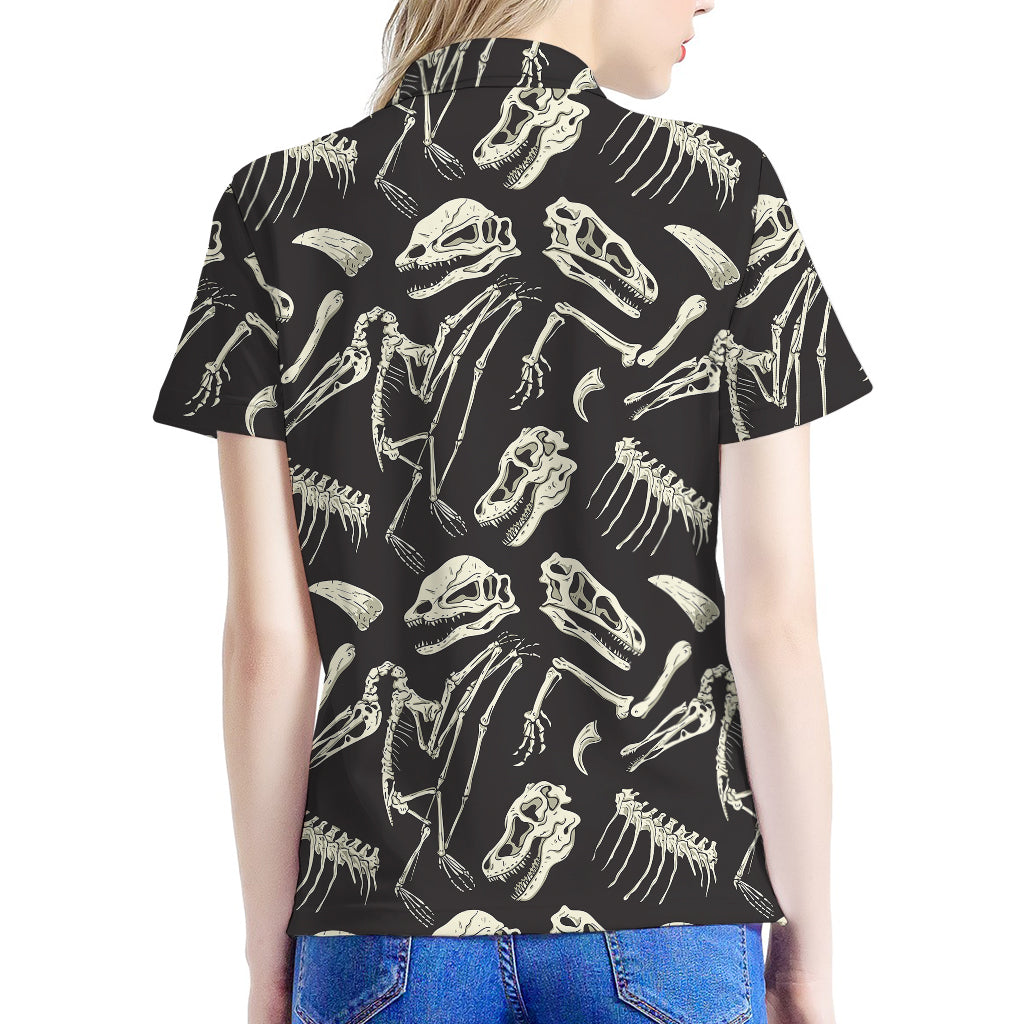 Monochrome Dinosaur Fossil Pattern Print Women's Polo Shirt