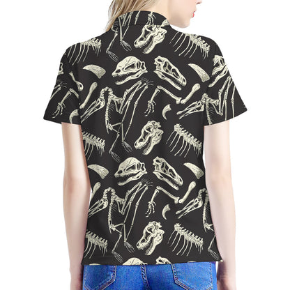 Monochrome Dinosaur Fossil Pattern Print Women's Polo Shirt