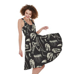 Monochrome Dinosaur Fossil Pattern Print Women's Sleeveless Dress