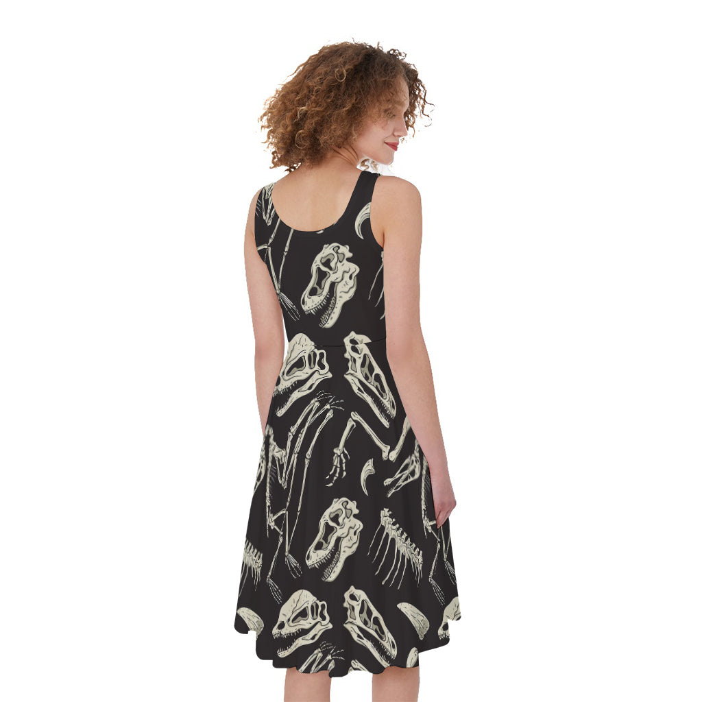 Monochrome Dinosaur Fossil Pattern Print Women's Sleeveless Dress