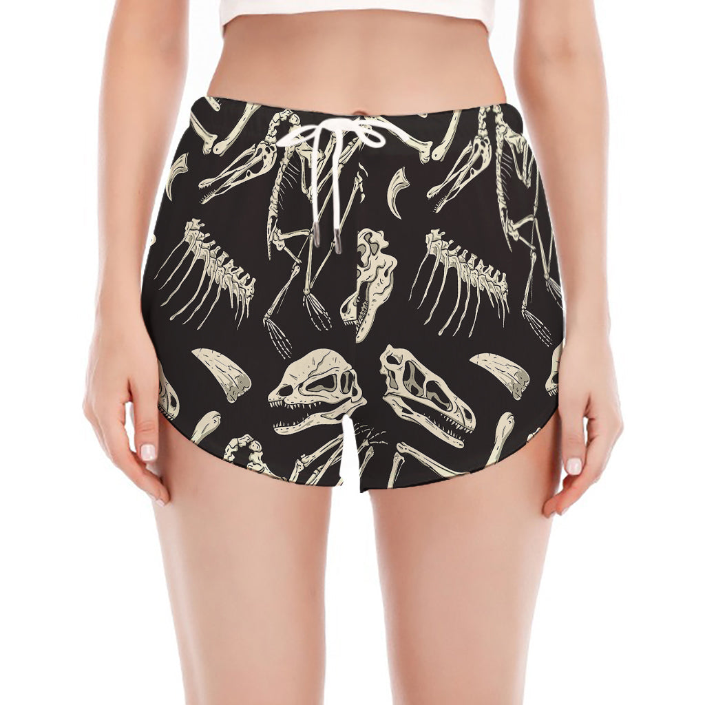 Monochrome Dinosaur Fossil Pattern Print Women's Split Running Shorts