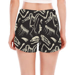 Monochrome Dinosaur Fossil Pattern Print Women's Split Running Shorts