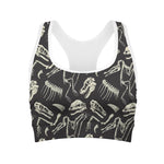 Monochrome Dinosaur Fossil Pattern Print Women's Sports Bra