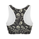 Monochrome Dinosaur Fossil Pattern Print Women's Sports Bra