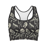 Monochrome Dinosaur Fossil Pattern Print Women's Sports Bra
