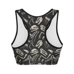 Monochrome Dinosaur Fossil Pattern Print Women's Sports Bra
