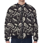 Monochrome Dinosaur Fossil Pattern Print Zip Sleeve Bomber Jacket