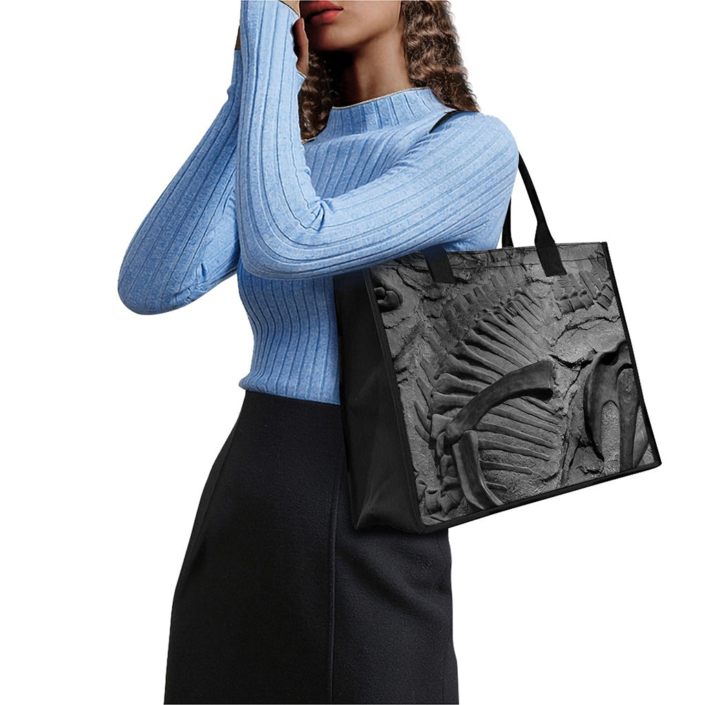 Monochrome Dinosaur Fossil Print Canvas Tote Bag