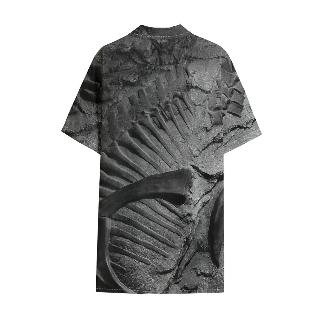 Monochrome Dinosaur Fossil Print Cotton Hawaiian Shirt