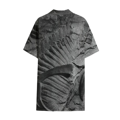 Monochrome Dinosaur Fossil Print Cotton Hawaiian Shirt