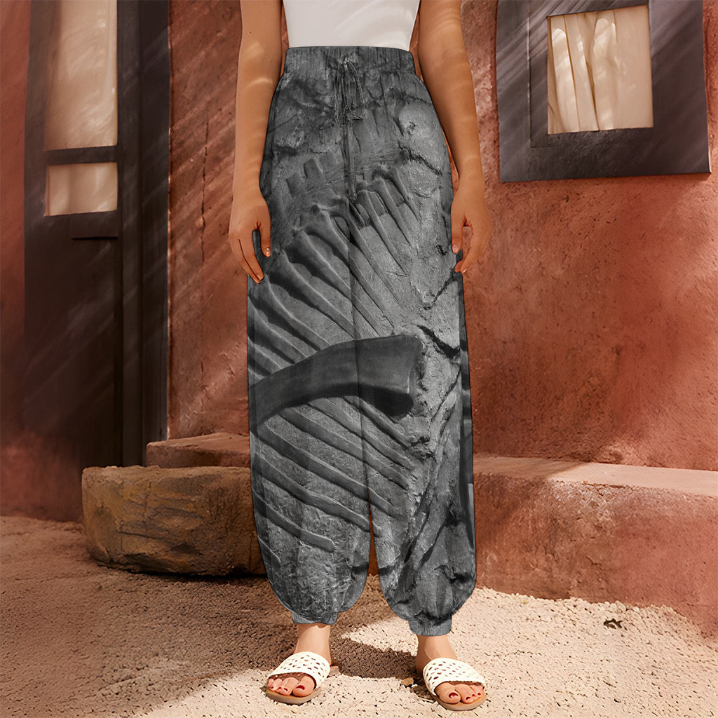 Monochrome Dinosaur Fossil Print Harem Pants
