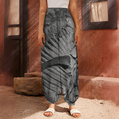 Monochrome Dinosaur Fossil Print Harem Pants
