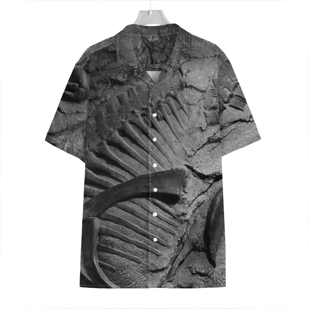 Monochrome Dinosaur Fossil Print Hawaiian Shirt