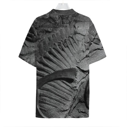 Monochrome Dinosaur Fossil Print Hawaiian Shirt