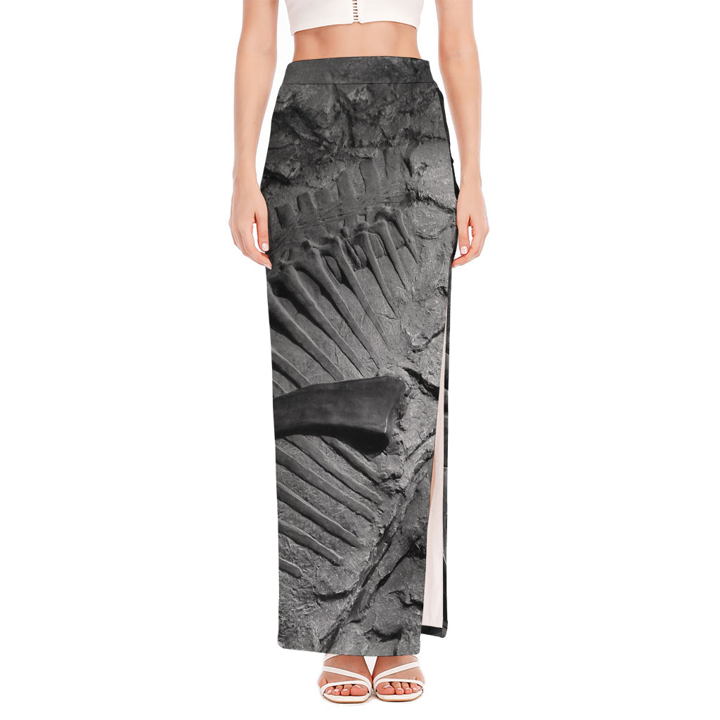 Monochrome Dinosaur Fossil Print High Slit Maxi Skirt