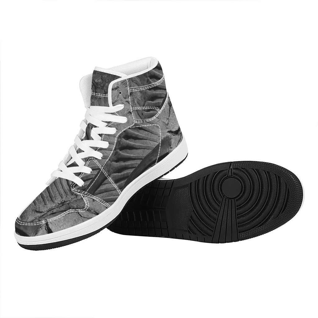 Monochrome Dinosaur Fossil Print High Top Leather Sneakers