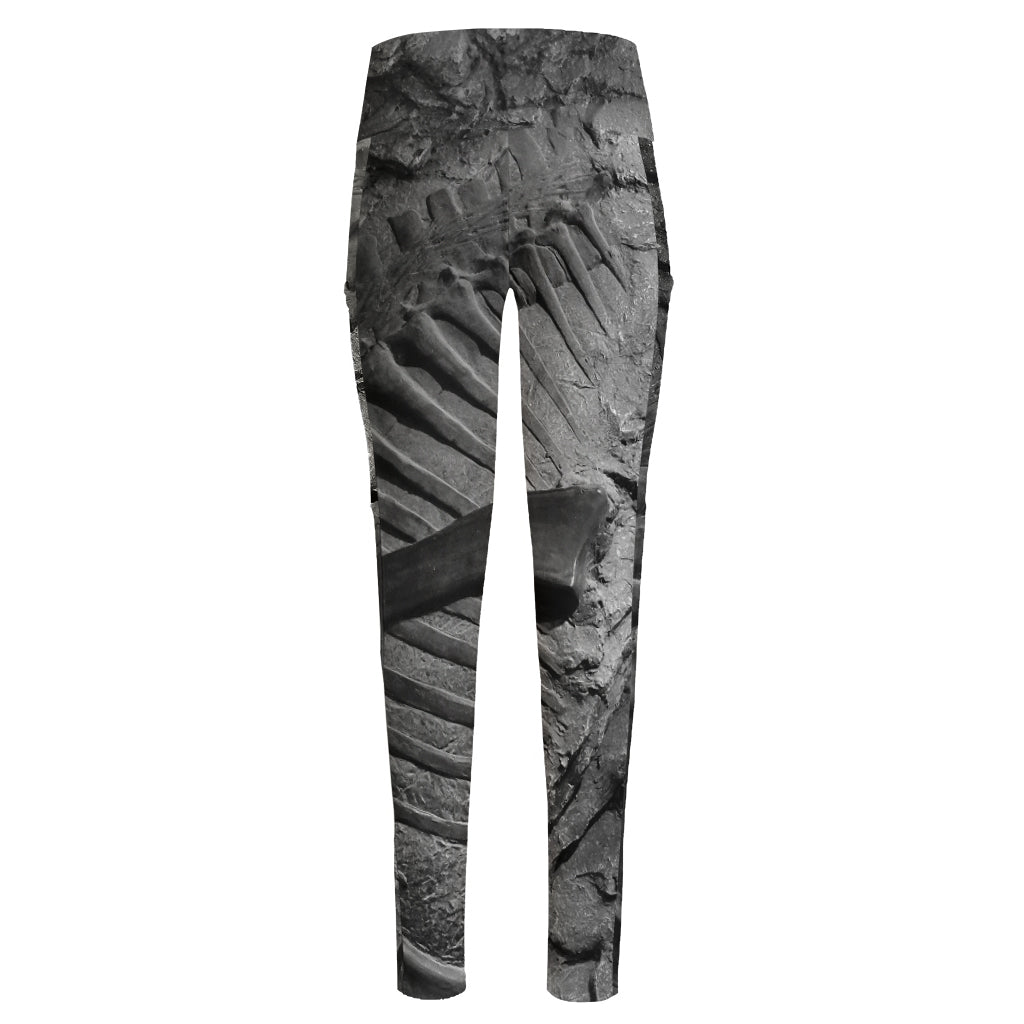 Monochrome Dinosaur Fossil Print High-Waisted Pocket Leggings
