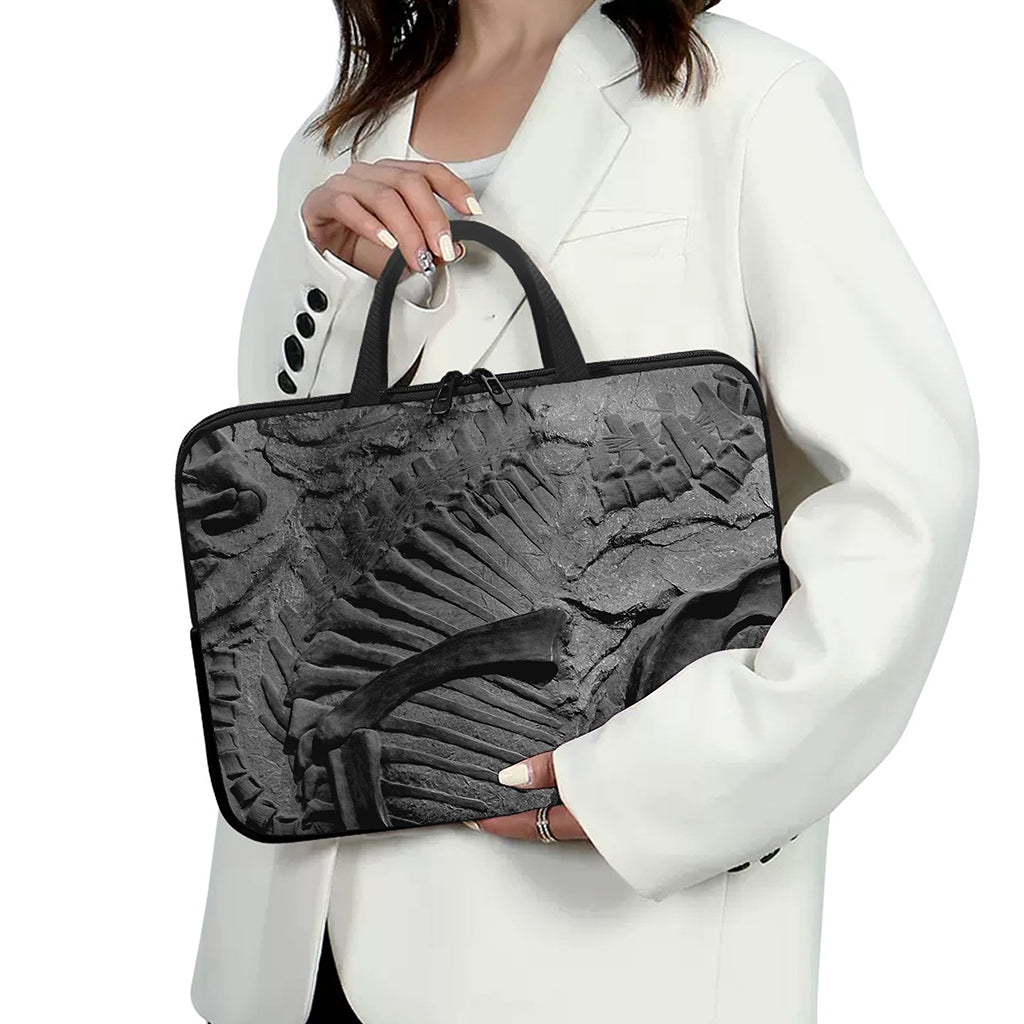 Monochrome Dinosaur Fossil Print Laptop Sleeve With Handle