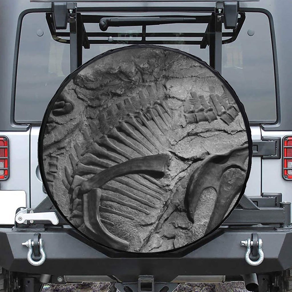 Monochrome Dinosaur Fossil Print Leather Spare Tire Cover