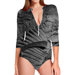 Monochrome Dinosaur Fossil Print Long Sleeve Swimsuit