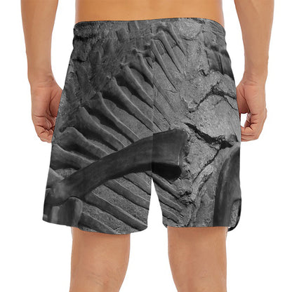 Monochrome Dinosaur Fossil Print Men's Split Running Shorts