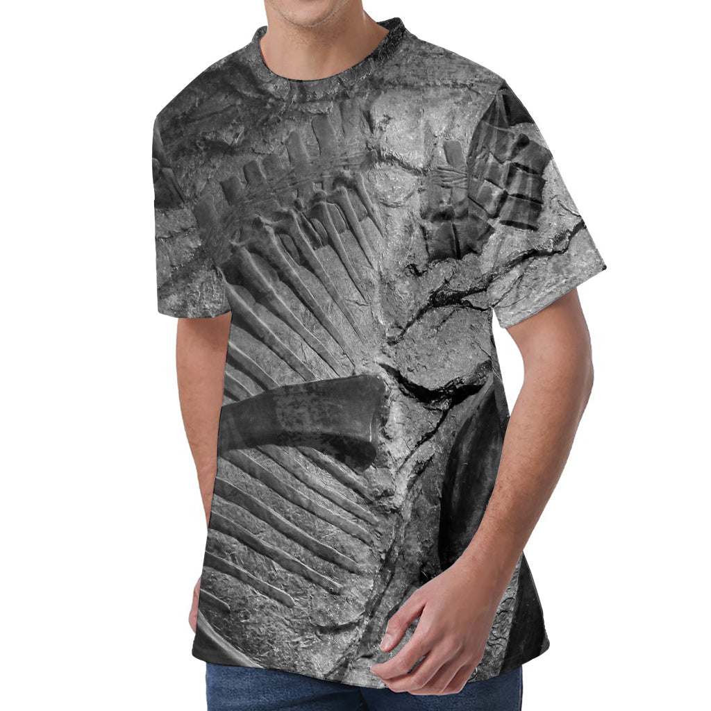 Monochrome Dinosaur Fossil Print Men's Velvet T-Shirt
